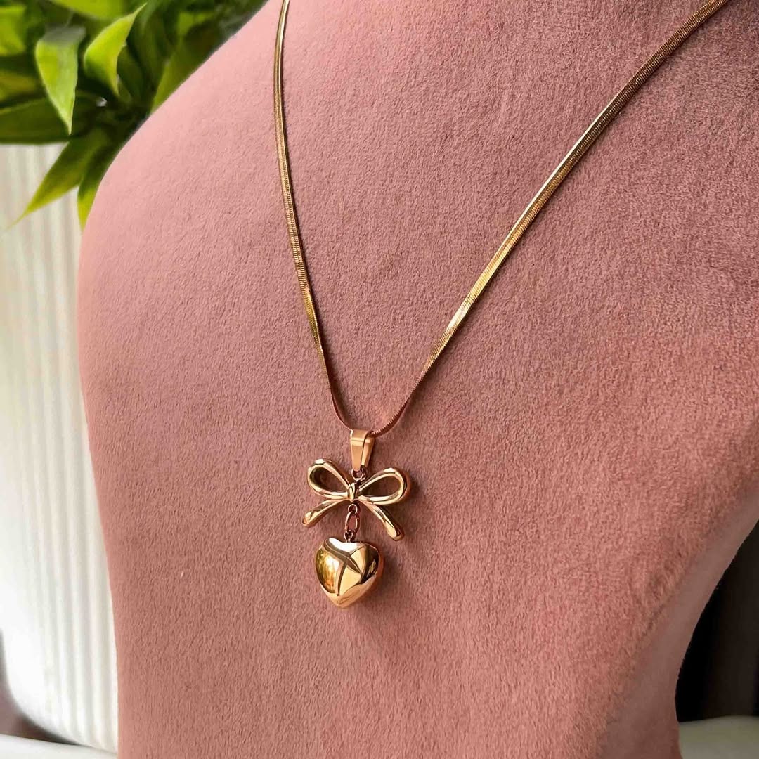 "The Sweetheart Knot" – Gold Plated Heart & Bow Herringbone Necklace