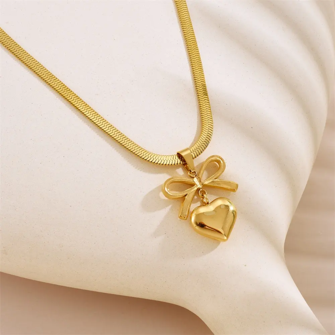 "The Sweetheart Knot" – Gold Plated Heart & Bow Herringbone Necklace