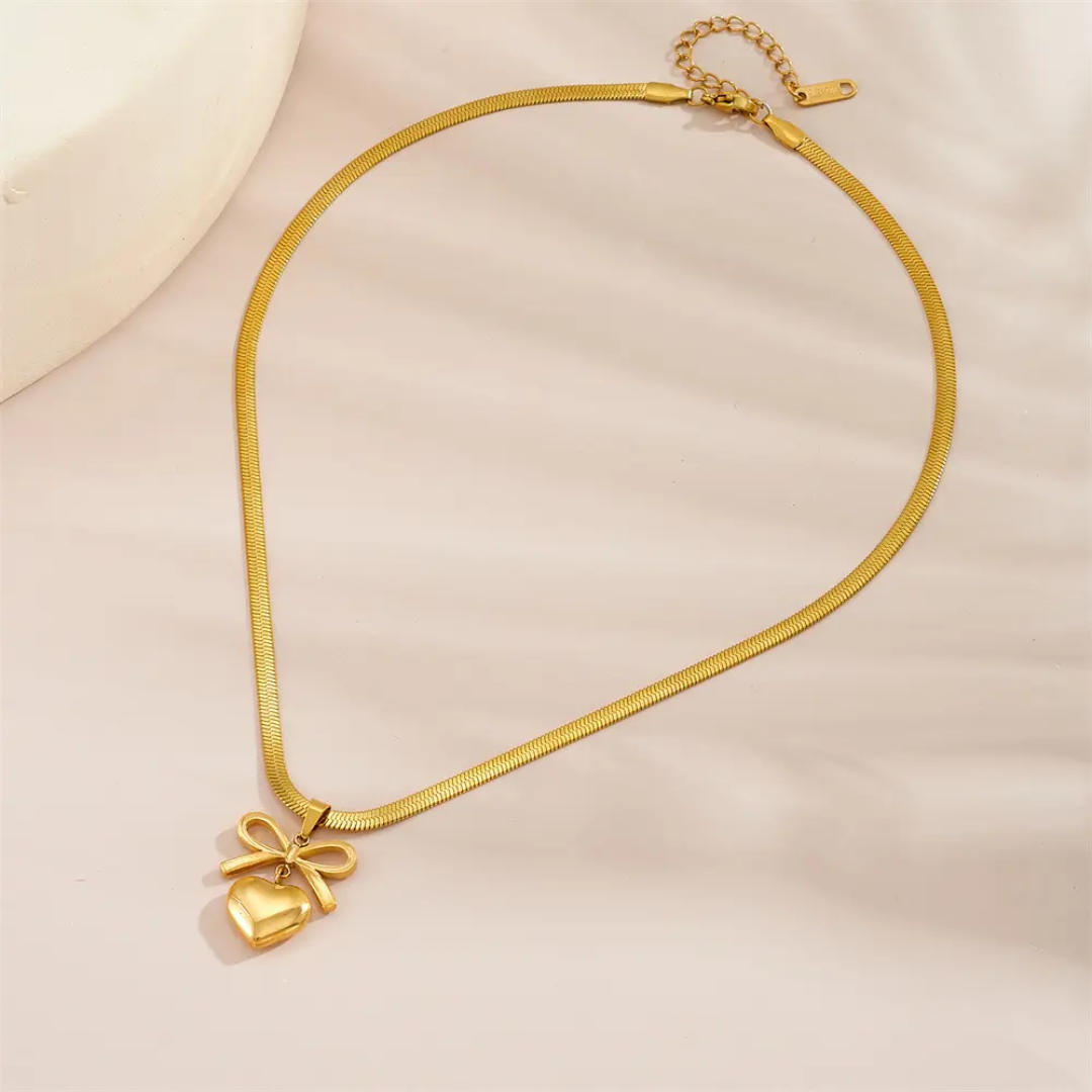 "The Sweetheart Knot" – Gold Plated Heart & Bow Herringbone Necklace