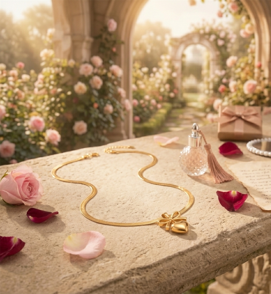 "The Sweetheart Knot" – Gold Plated Heart & Bow Herringbone Necklace