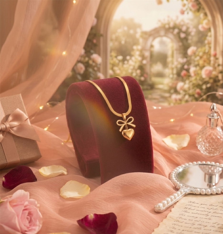 "The Sweetheart Knot" – Gold Plated Heart & Bow Herringbone Necklace