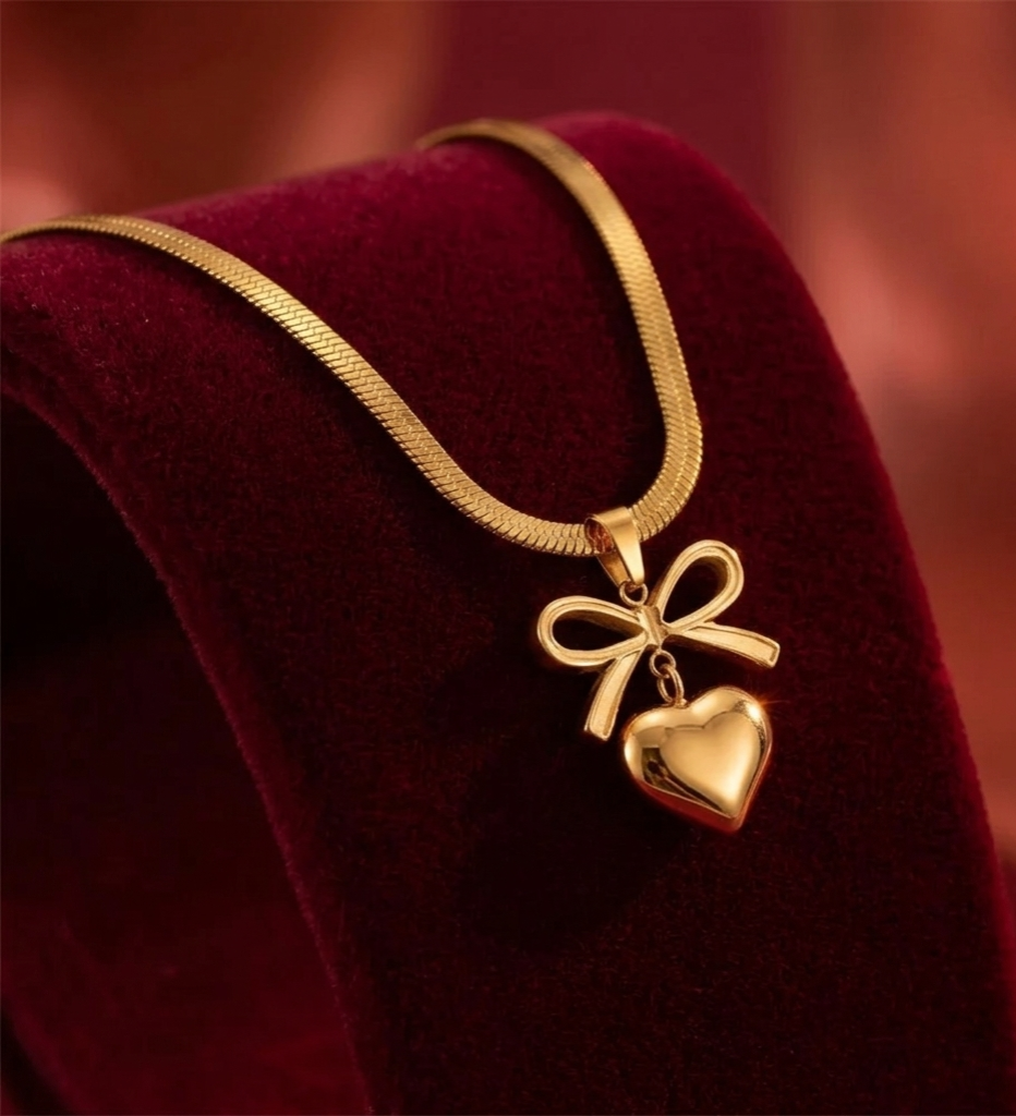 "The Sweetheart Knot" – Gold Plated Heart & Bow Herringbone Necklace